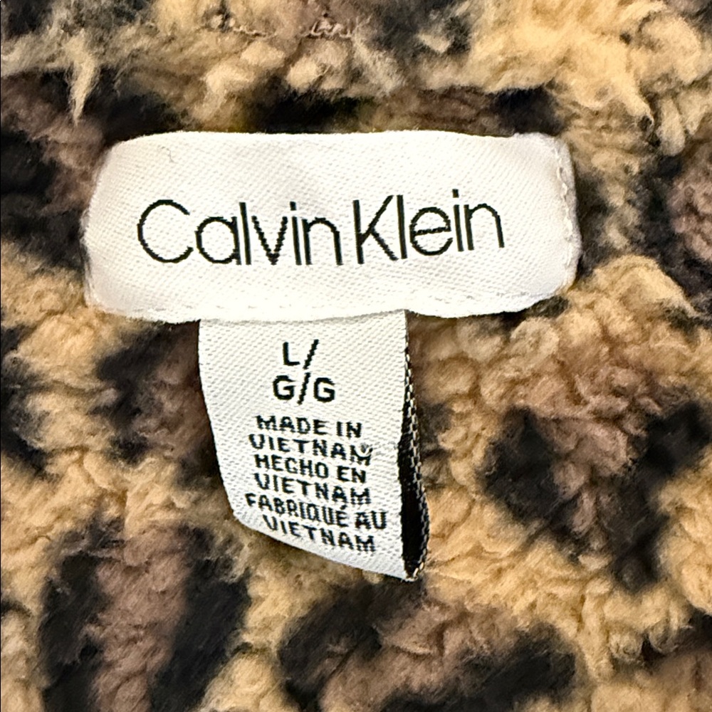 Calvin Klein Leopard Fleece Vest Sherpa Zip Pockets Size Large - Picture 2 of 14